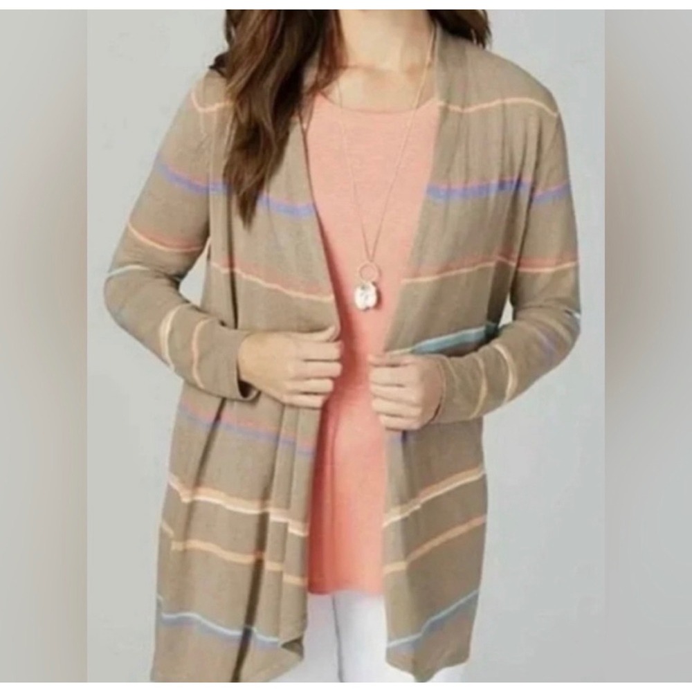 J.Jill Linen Blend Cardigan Striped Neutral Open Front Petite Small‎ PS RN97641